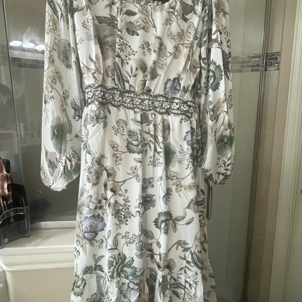 Floral Print Dress with Green and Gray Accents